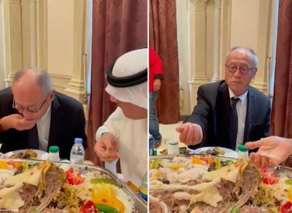 کوشش سفیر ژاپن در عربستان برای غذا خوردن با دست!