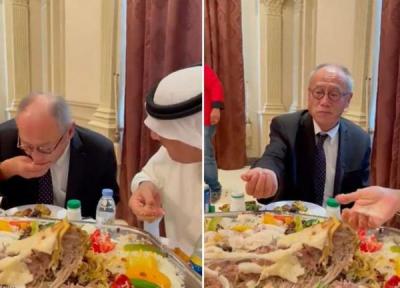 کوشش سفیر ژاپن در عربستان برای غذا خوردن با دست!
